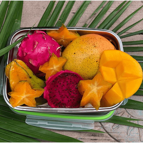 Image of Pitaya Mango Star fruit Dragon Fruit on a Jacebox Xlarge Container with a leaf Go Green with Jacebox
