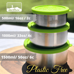 JaceBox Plastic Free Stainless Steel Round Containers 3 sizes Metal Bowls Leakproof Silicone Lids easy to open and Close