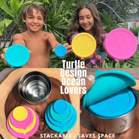 Image of Snack Containers for Kids - Stainless Steel Food Containers Leakproof Plastic FREE Silicone Lid Turtle Design by JaceBox