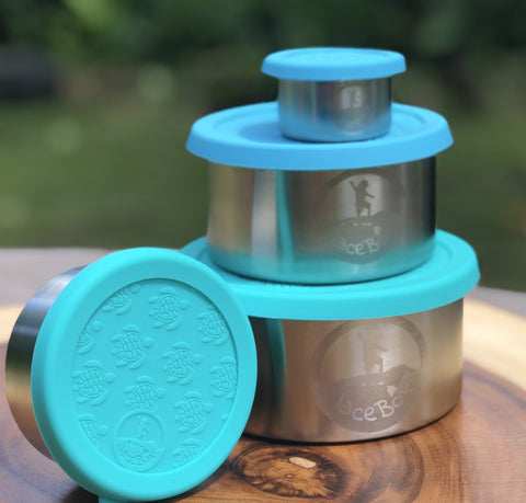 Image of JaceBox Stainless Steel Snack Containers Set - Leakproof Lunch Containers for Lunchbox Blue & Green Turtle Silicone Lid PLASTIC FREE & BPA FREE - EASY to OPEN Flexible Unbreakable Lids! by JaceBox