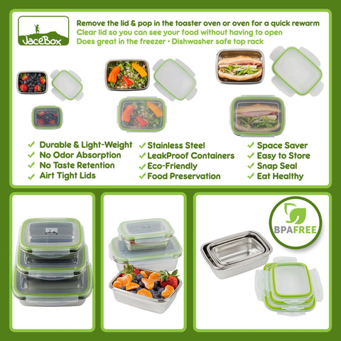 Image of " Heavy duty stainless steel with tight fitting lids. The box sizes are convenient for taking lunch and snacks to work. I had salad dressing in one and it didn’t leak at all. Love these !"J. C. ----JaceBox Stainless Steel Lunchbox set