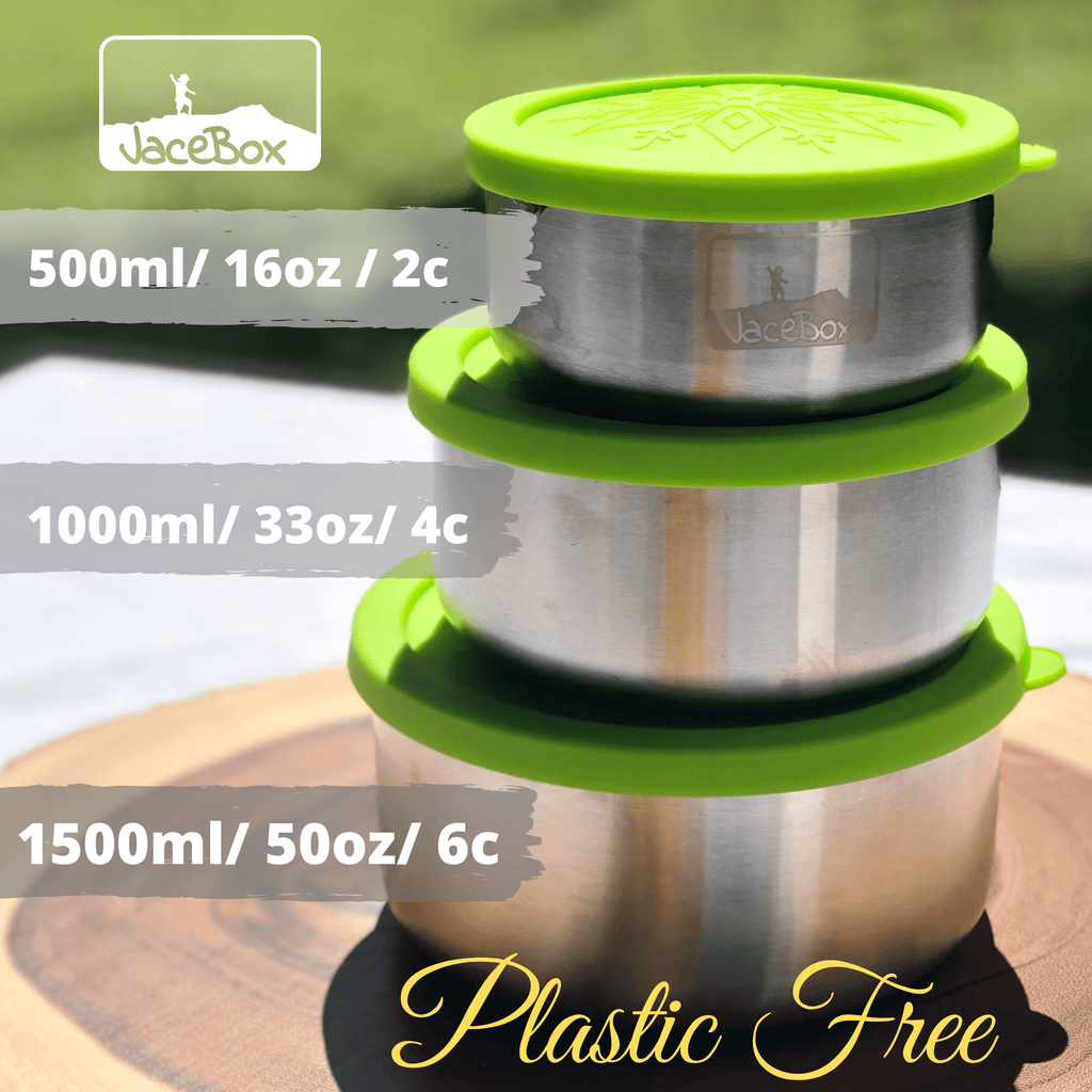 JaceBox Eco Friendly metal Tupperwares 16oz, 33oz 50oz set with 3 sizes round shape silicone lid Great for pot on pot cooking