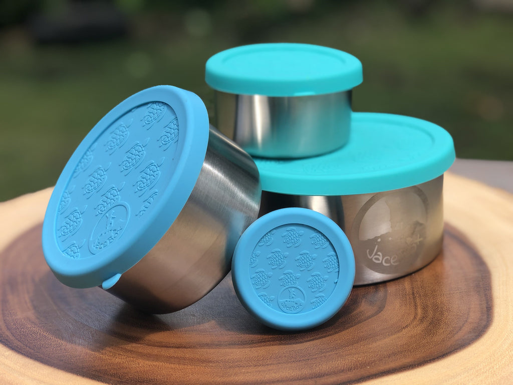 JaceBox Stainless Steel Snack Containers Set - Leakproof Lunch Containers for Lunchbox Blue & Green Turtle Silicone Lid PLASTIC FREE & BPA FREE - EASY to OPEN Flexible Unbreakable Lids! by JaceBox