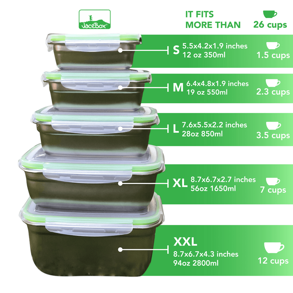 JaceBox Superset of 5 sizes has more than 26 cups of capacity to help a whole family to store and preserve healthy food fruits and veggies xxlarge containers are perfect for fermentation the airtight lids are leakproof 